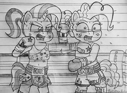 Size: 1280x933 | Tagged: safe, artist:ct1443ae, pinkie pie, trixie, earth pony, unicorn, semi-anthro, g4, boxing, boxing gloves, boxing ring, duo, gritted teeth, lined paper, mouth guard, open mouth, pencil drawing, punch, sports, teeth, traditional art