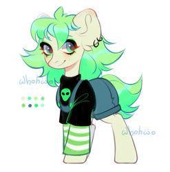 Size: 1573x1594 | Tagged: safe, artist:whohwo, oc, oc only, earth pony, pony, clothes, ear piercing, earring, earth pony oc, jewelry, overalls, piercing, simple background, smiling, solo, white background