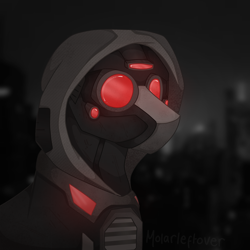 Size: 2300x2300 | Tagged: safe, artist:molars, pegasus, pony, armor, cyber, cyberpunk, gift art, high res, hood, red and black, solo