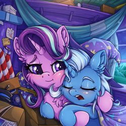 Size: 2200x2200 | Tagged: safe, artist:zeepheru_pone, starlight glimmer, trixie, pony, unicorn, g4, blushing, box, cape, cheek fluff, clothes, curtains, cute, diatrixes, duo, duo female, ear fluff, female, glimmerbetes, hammock, hat, high res, hug, lesbian, looking at someone, mare, moonlight, mug, night, open mouth, paper, poster, purple eyes, ship:startrix, shipping, signature, sleeping, smiling, snoring, sticky note, tape, trixie's cape, trixie's hat, trixie's wagon, wagon, window
