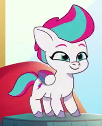 Size: 348x428 | Tagged: safe, screencap, zipp storm, pegasus, pony, g5, my little pony: tell your tale, zipp's flight school, spoiler:g5, spoiler:my little pony: tell your tale, spoiler:tyts01e02, adorazipp, cropped, cute, feathered wings, female, filly, filly zipp storm, foal, folded wings, green eyes, pegasus wings, smiling, solo, standing, wings, younger