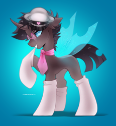 Size: 1920x2079 | Tagged: safe, alternate version, artist:zlatavector, oc, oc only, oc:rosie clockwork, changeling, changeling oc, clothes, commission, glasses, hat, male, scarf, socks, solo, stallion