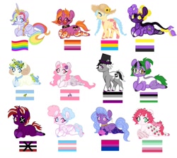 Size: 1500x1337 | Tagged: safe, artist:adopdee, artist:vernorexia, oc, alicorn, demon, demon pony, earth pony, goat, goat pony, kirin, pegasus, pony, unicorn, adoptable, adoptable open, afro, agender, apothisexual, asexual, asexual pride flag, base used, bisexual pride flag, braid, chibi, choker, clothes, colored hooves, cracked horn, crown, ear piercing, earring, eyepatch, female, floral head wreath, floral print, flower, flower in hair, food, for sale, gay pride flag, genderless, glasses, hat, horn, horns, jewelry, leg warmers, lesbian, lesbian pride flag, long hair, male, mare, multicolored hair, multiple horns, nonbinary, nonbinary pride flag, pansexual, pansexual pride flag, piercing, pride, pride flag, pride month, regalia, short hair, simple background, stallion, strawberry, sun hat, sunflower, top hat, transgender, transgender pride flag, white background