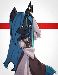 Size: 522x680 | Tagged: safe, artist:haku nichiya, queen chrysalis, changeling, changeling queen, anthro, g4, clothes, dress, female, horn, solo, tail