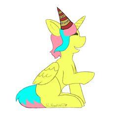 Size: 1280x1195 | Tagged: safe, artist:lil_vampirecj, oc, oc only, oc:dawn, alicorn, pony, alicorn oc, art, commission, eyes closed, folded wings, full body, hat, horn, open mouth, open smile, party hat, raised hoof, side view, signature, simple background, sitting, smiling, solo, tail, transparent background, two toned mane, two toned tail, wings, ych example, ych result, your character here