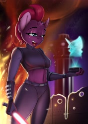 Size: 2480x3508 | Tagged: safe, artist:felixf, tempest shadow, unicorn, anthro, g4, belly button, broken horn, commission, eye scar, female, fire, high res, hologram, horn, lightsaber, midriff, scar, sith, solo focus, star wars, sword, weapon, ych result