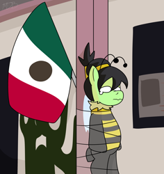 Size: 3060x3240 | Tagged: safe, oc, oc only, oc:filly anon, pony, animal costume, bee costume, clothes, costume, female, filly, foal, high res, meme, mexican flag, mexico, pole tied, ponified meme, solo, teary eyes, tied up