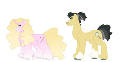 Size: 1280x640 | Tagged: safe, artist:itstechtock, oc, oc only, oc:dig site, oc:touch up, earth pony, pony, unicorn, female, mare, offspring, parent:daring do, parent:doctor caballeron, parent:prince blueblood, parent:suri polomare, parents:daballeron, simple background, white background