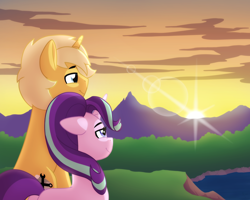 Size: 2560x2048 | Tagged: safe, artist:whitequartztheartist, starlight glimmer, oc, oc:sunlight bolt, pony, unicorn, g4, canon x oc, commission, female, glimmbolt, high res, lens flare, male, mare, mountain, stallion, sunset