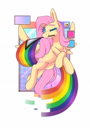 Size: 2480x3508 | Tagged: safe, artist:wavecipher, fluttershy, pegasus, pony, g4, female, flag, high res, mare, mouth hold, pride flag, solo