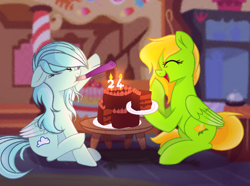 Size: 800x595 | Tagged: safe, artist:itzfluttershy25, oc, oc only, oc:trixie, pegasus, pony, birthday, cake, candle, duo, duo female, female, food, mare, party horn, pegasus oc