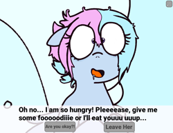 Size: 932x720 | Tagged: safe, artist:shinningblossom12, edit, oc, oc only, oc:shinning blossom, pegasus, pony, banned from equestria daily, dialogue, door, drool, female, floppy ears, hungry, imminent vore, insanity, mare, messy mane, shrunken pupils, smiling, spread wings, starving, style emulation, text, wings