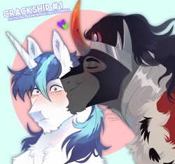 Size: 1698x1586 | Tagged: dead source, safe, artist:ghoulhowls, king sombra, shining armor, pony, umbrum, unicorn, g4, blushing, cheek kiss, chin fluff, crack shipping, cute, eyes closed, flustered, gay, heart, infidelity, infidelity armor, kissing, male, nuzzling, ship:shiningsombra, shipping, stallion, surprise kiss