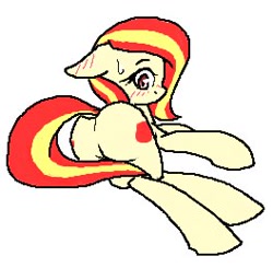 Size: 264x259 | Tagged: safe, artist:azurepicker, oc, oc only, oc:poniko, earth pony, pony, blushing, butt, butt focus, ears back, earth pony oc, female, full body, hooves, looking back, lying down, mare, on side, plot, simple background, solo, sweat, sweatdrop, tail, two toned mane, two toned tail, white background
