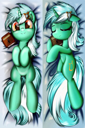 Size: 683x1024 | Tagged: safe, artist:ruhisu, lyra heartstrings, pony, unicorn, g4, bangs, barrette, body pillow, book, cute, female, looking at you, lyrabetes, lyre, mare, musical instrument, sleeping, smiling, solo, that pony sure does love humans