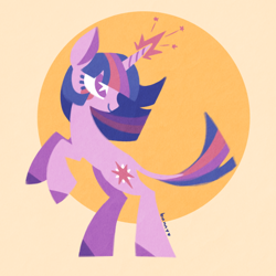 Size: 640x640 | Tagged: safe, artist:yumochiix, twilight sparkle, pony, unicorn, g4, female, looking back, magic, mare, raised hooves, rearing, simple background, smiling, solo, sparkles, unicorn twilight