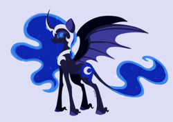 Size: 640x453 | Tagged: safe, artist:yumochiix, nightmare moon, g4, alternate design, bat wings, curved horn, female, helmet, horn, jewelry, mare, regalia, simple background, slit pupils, solo, wings