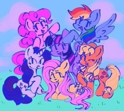 Size: 567x511 | Tagged: safe, artist:yumochiix, applejack, fluttershy, pinkie pie, rainbow dash, rarity, twilight sparkle, alicorn, earth pony, pegasus, pony, unicorn, g4, applejack's hat, cloud, cowboy hat, female, grass, hat, looking at you, lying down, mane six, mane six opening poses, mare, raised hoof, raised leg, simple background, sitting, spread wings, twilight sparkle (alicorn), wings