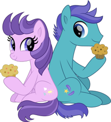 Size: 1250x1368 | Tagged: safe, artist:starcollider, clear skies, open skies, pegasus, pony, g4, triple threat, .svg available, cute, duo, duo male and female, female, food, hoof hold, looking back, male, mare, muffin, simple background, sitting, smiling, stallion, svg, tail, transparent background, two toned mane, two toned tail, vector, wingless