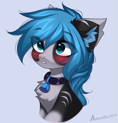 Size: 1093x1150 | Tagged: safe, artist:airiniblock, oc, oc only, oc:blue bell, earth pony, pony, rcf community, bell, bell collar, blushing, bust, chest fluff, collar, ear fluff, eye clipping through hair, icon, patreon, patreon reward, simple background, solo, white background
