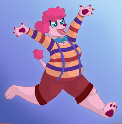 Size: 1596x1625 | Tagged: safe, artist:colorcodetheartist, pinkie pie, dog, poodle, g4, abstract background, bowtie, chubby, claws, clothes, dogified, fat, furry, happy, leaping, paw pads, paws, pudgy pie, puppy pie, shirt, shorts, smiling, species swap, striped shirt, suspenders