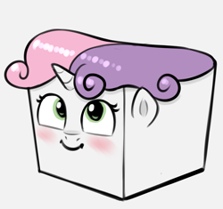 Size: 1551x1458 | Tagged: safe, artist:heretichesh, sweetie belle, g4, blushing, colored, cube, looking at you, looking up, looking up at you, shape change, simple background, smiling