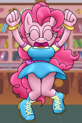 Size: 1400x2100 | Tagged: safe, artist:flash equestria photography, pinkie pie, mobian, anthro, g4, breasts, busty pinkie pie, clothes, female, jumping, open mouth, schrödinger's pantsu, skirt, solo, sonic the hedgehog (series), sonicified, sugarcube corner, upskirt, uvula