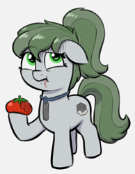 Size: 1900x2452 | Tagged: safe, artist:heretichesh, oc, oc only, oc:pitchblende, earth pony, pony, :t, colored, earth pony oc, eating, female, filly, floppy ears, foal, food, full body, gray background, herbivore, high res, hoof hold, hooves, jewelry, pendant, raised eyebrow, simple background, solo, standing, tomato