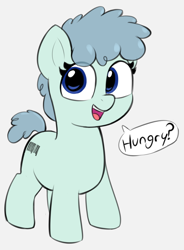 Size: 1716x2328 | Tagged: safe, artist:heretichesh, oc, oc:blue collar, earth pony, pony, barcode, colored, dialogue box, female, filly, foal, looking at you, simple background, solo