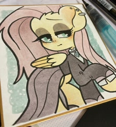 Size: 1861x2047 | Tagged: safe, artist:oc_ponys, fluttershy, pegasus, pony, g4, clothes, female, fluttergoth, goth, irl, mare, photo, solo, traditional art, wings