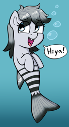 Size: 1280x2328 | Tagged: safe, artist:heretichesh, oc, oc:lil knifejaw, hybrid, merpony, original species, shark, shark pony, bubble, colored, dialogue box, female, filly, fish tail, foal, looking at you, ocean, simple background, smiling, solo, tail, underwater, water