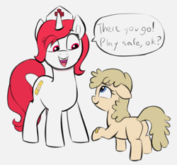 Size: 1896x1768 | Tagged: safe, artist:heretichesh, oc, oc only, oc:iridescence, earth pony, pony, unicorn, bandaid, blank flank, butt, colored, cute, dialogue, dialogue box, duo, eye clipping through hair, female, filly, floppy ears, foal, hat, mare, nurse, nurse hat, plot, simple background, smiling, speech bubble, white background