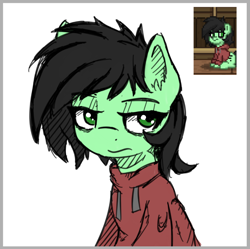Size: 760x758 | Tagged: safe, artist:zebra, oc, oc only, oc:filly anon, earth pony, pony, pony town, bags under eyes, clothes, ear fluff, earth pony oc, female, filly, foal, hoodie, simple background, sitting, solo, unamused, white background
