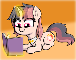 Size: 2520x1992 | Tagged: safe, artist:heretichesh, oc, oc:pure dawn, pony, unicorn, book, colored, lying down, magic, magic aura, prone, reading, simple background, smiling, solo