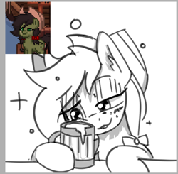 Size: 771x757 | Tagged: safe, artist:zebra, oc, oc only, oc:filly anon, earth pony, pony, pony town, blushing, bust, cider, cowboy hat, drunk, ear fluff, earth pony oc, female, filly, foal, freckles, hat, monochrome, mug, open mouth, portrait, ribbon, simple background, solo, white background