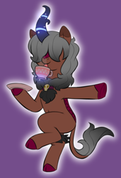 Size: 1640x2392 | Tagged: safe, artist:heretichesh, oc, oc only, oc:kaumaha ekahi, kirin, bipedal, colored, cup, drinking, food, hair over eyes, kirin oc, lapping, levitation, magic, saucer, simple background, solo, standing, standing on one leg, tea, teacup, telekinesis, tongue out