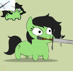 Size: 830x802 | Tagged: safe, artist:zebra, oc, oc only, oc:filly anon, earth pony, pony, earth pony oc, female, filly, foal, mouth hold, signature, simple background, solo, squatpony, sword, weapon, zweihander