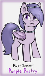 Size: 1636x2756 | Tagged: safe, artist:heretichesh, oc, oc:purple poetry, bat pony, colored, cute, cute little fangs, fangs, female, lore, mare, solo