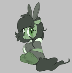 Size: 701x718 | Tagged: safe, artist:parfait, oc, oc only, oc:filly anon, earth pony, pony, aggie.io, animal costume, bunny ears, bunny suit, butt, clothes, costume, female, filly, fishnets, foal, gray background, looking at you, looking back, looking back at you, panties, plot, ponerpics import, simple background, sitting, smiling, socks, stockings, thigh highs, underwear