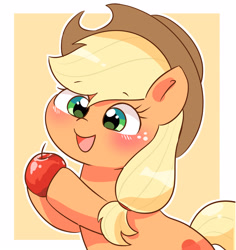 Size: 2888x3064 | Tagged: safe, artist:leo19969525, applejack, earth pony, pony, g4, apple, blushing, bow, cute, female, food, green eyes, hair bow, hat, high res, jackabetes, mane, mare, open mouth, outline, simple background, smiling, solo, tail, white outline, yellow background, yellow mane, yellow tail