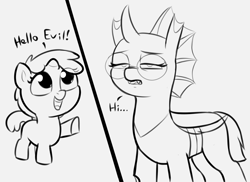 Size: 2584x1880 | Tagged: safe, artist:heretichesh, oc, oc:yvette (evan555alpha), changeling, changeling oc, dialogue, female, filfil, filly, foal, glasses, looking up, pointing, sketch, tired