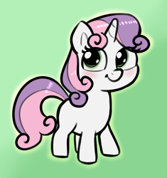 Size: 1688x1792 | Tagged: safe, artist:heretichesh, sweetie belle, pony, unicorn, g4, blank flank, blushing, colored, cute, diasweetes, female, filly, foal, full body, gradient background, horn, looking at you, smiling, solo, standing, tail