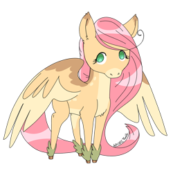 Size: 1024x1024 | Tagged: safe, artist:jell-ofish101, part of a set, fluttershy, pegasus, pony, g4, aside glance, chest fluff, coat markings, colored eartips, colored hooves, colored wings, countershading, dappled, facial markings, female, looking at you, mare, mealy mouth (coat marking), multicolored wings, no pupils, pale belly, redesign, simple background, solo, spread wings, standing, stray strand, three quarter view, transparent background, unshorn fetlocks, wings