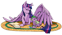 Size: 2835x1612 | Tagged: safe, artist:obliviusmoon, spike, twilight sparkle, alicorn, dragon, pony, 2014, book, chocolate chip cookies, cookie, cup, eyes closed, female, food, male, mare, rug, simple background, stuffed, teacup, that pony sure does love books, transparent background, twilight sparkle (alicorn)