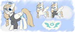 Size: 2500x1080 | Tagged: safe, artist:metaruscarlet, oc, oc only, oc:sunny harmony, angel, angel pony, original species, pegasus, pony, chest fluff, clothes, cross, cute, cutie mark, female, halo, jewelry, mare, necklace, reference sheet, simple background, sweater, transparent background
