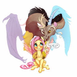 Size: 1600x1600 | Tagged: safe, artist:gor1ck, discord, fluttershy, draconequus, pegasus, pony, g4, blushing, duo, duo male and female, embarrassed, fangs, female, grin, male, mare, nervous, nervous smile, open mouth, simple background, sitting, smiling, speech bubble, spread wings, telepathy, white background, wings