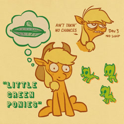 Size: 2000x2000 | Tagged: safe, artist:horsewizardart, applejack, alien, alien pony, earth pony, pony, g4, bags under eyes, female, flying saucer, high res, mare, paranoid, simple background, solo, thought bubble, yellow background
