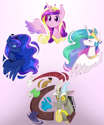 Size: 1280x1542 | Tagged: safe, artist:imaplatypus, discord, princess cadance, princess celestia, princess luna, alicorn, draconequus, pony, g4, alicorn triarchy, crown, female, jewelry, male, mare, one of these things is not like the others, regalia, royalty