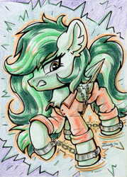 Size: 1471x2052 | Tagged: safe, artist:dandy, oc, oc only, oc:eden shallowleaf, pegasus, pony, chained, chains, chest fluff, clothes, colored pencil drawing, commission, cuffs, ear fluff, female, frustrated, pegasus oc, prison outfit, solo, traditional art, wings