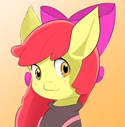 Size: 1480x1510 | Tagged: safe, artist:uguisunokoe1919, apple bloom, earth pony, pony, g4, blushing, bust, clothes, female, filly, foal, looking at you, portrait, smiling, solo